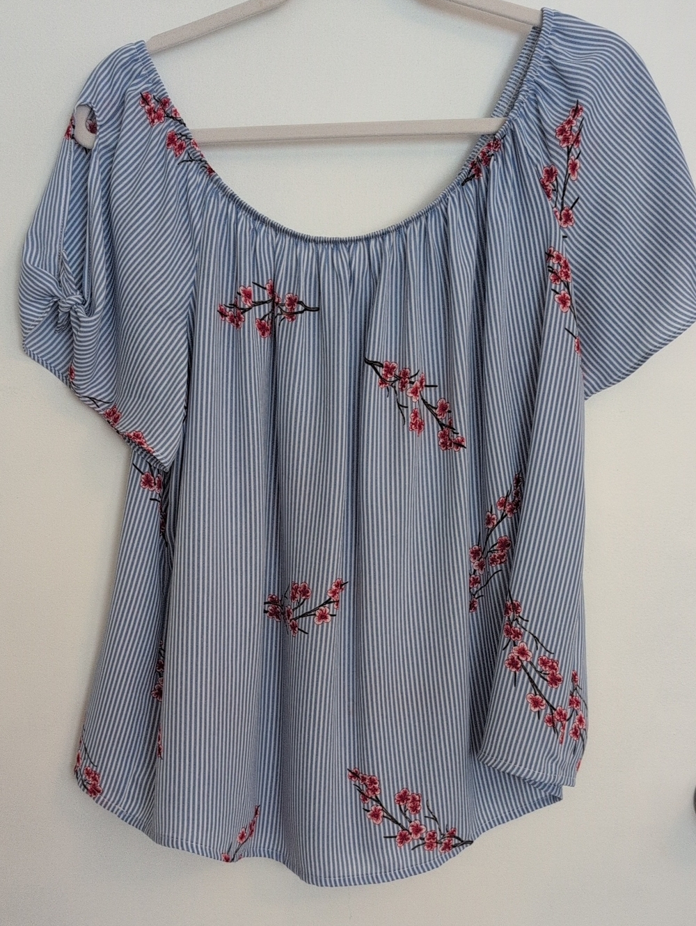 Pink Rose Blue Stripe Off-Shoulder Floral Blouse
